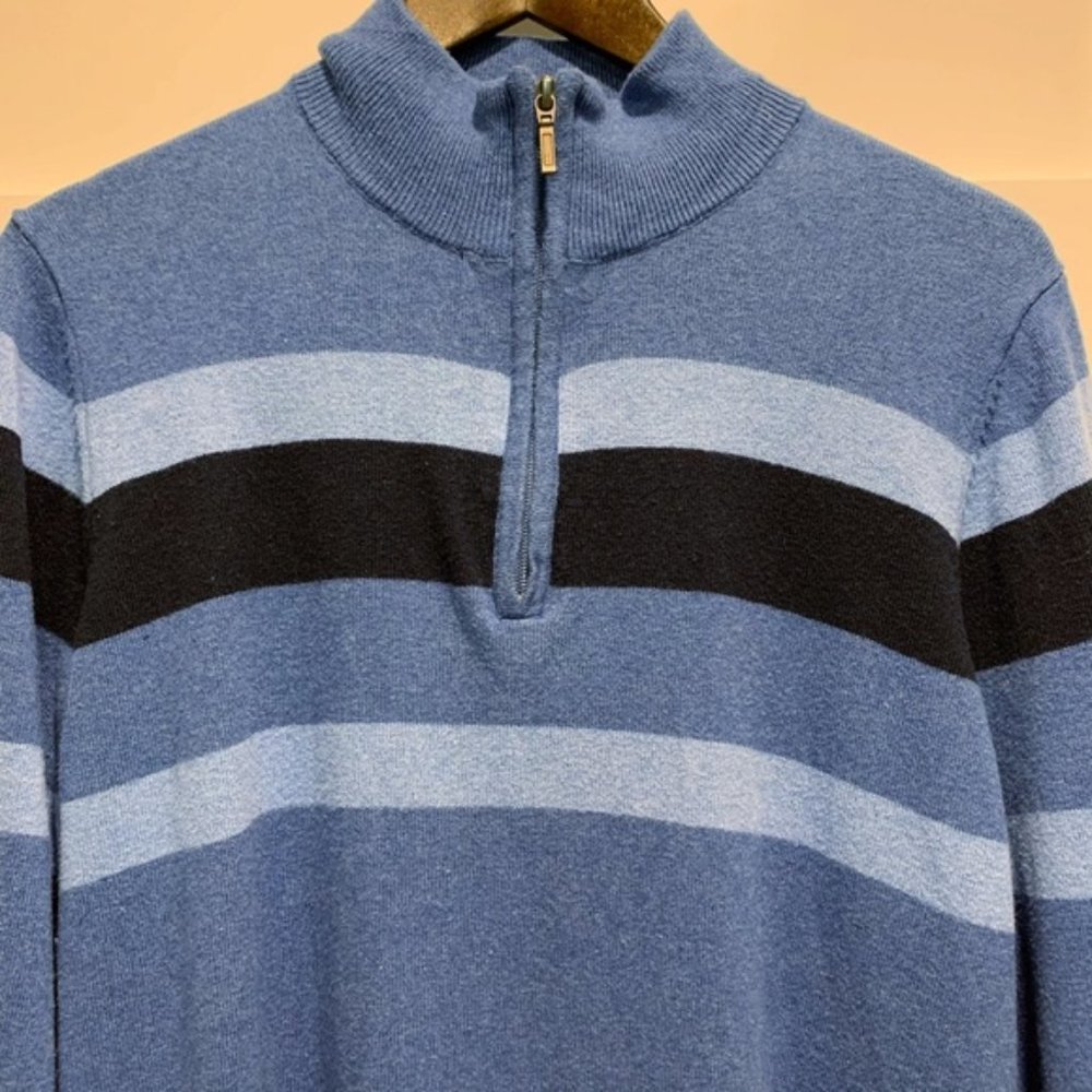 LL Bean Blue Stripe 1/4 Zip 100% Cotton Sweater - Size M Tall